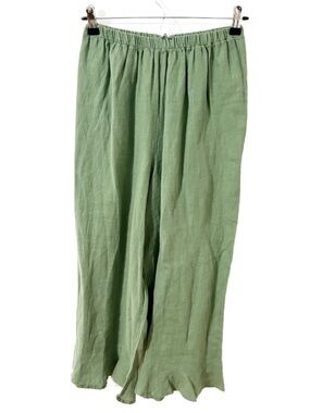 FLAX 100% Linen Elastic Waist Pants Extra Small 4-6 Soft Sage Green Ruffled Hem